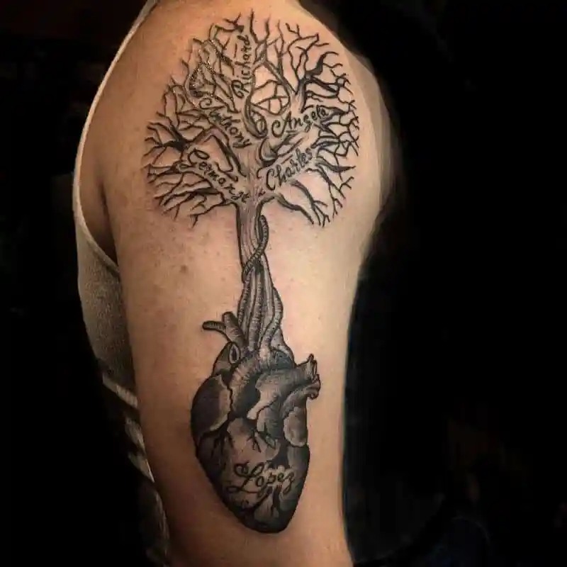 This upper arm tattoo stands out for its unique blend of anatomical and natural imagery.