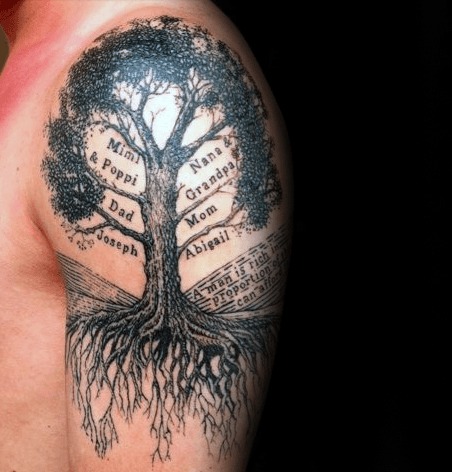 On the shoulder, this tattoo depicts a family tree with names such as Mimi, Poppy, and Joseph inscribed within the branches.