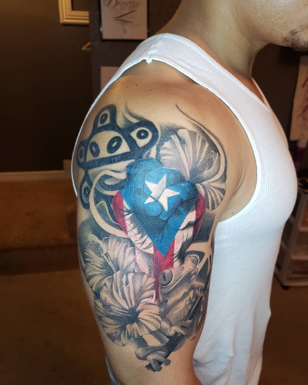 Puerto Rican Heart and Coqui Frog Half Sleeve Tattoo Tattoo Design