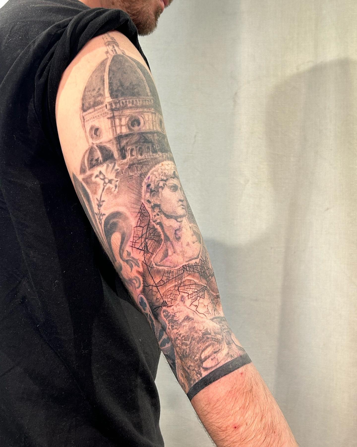 Renaissance Statue and Cathedral Half Sleeve Tattoo Tattoo Design