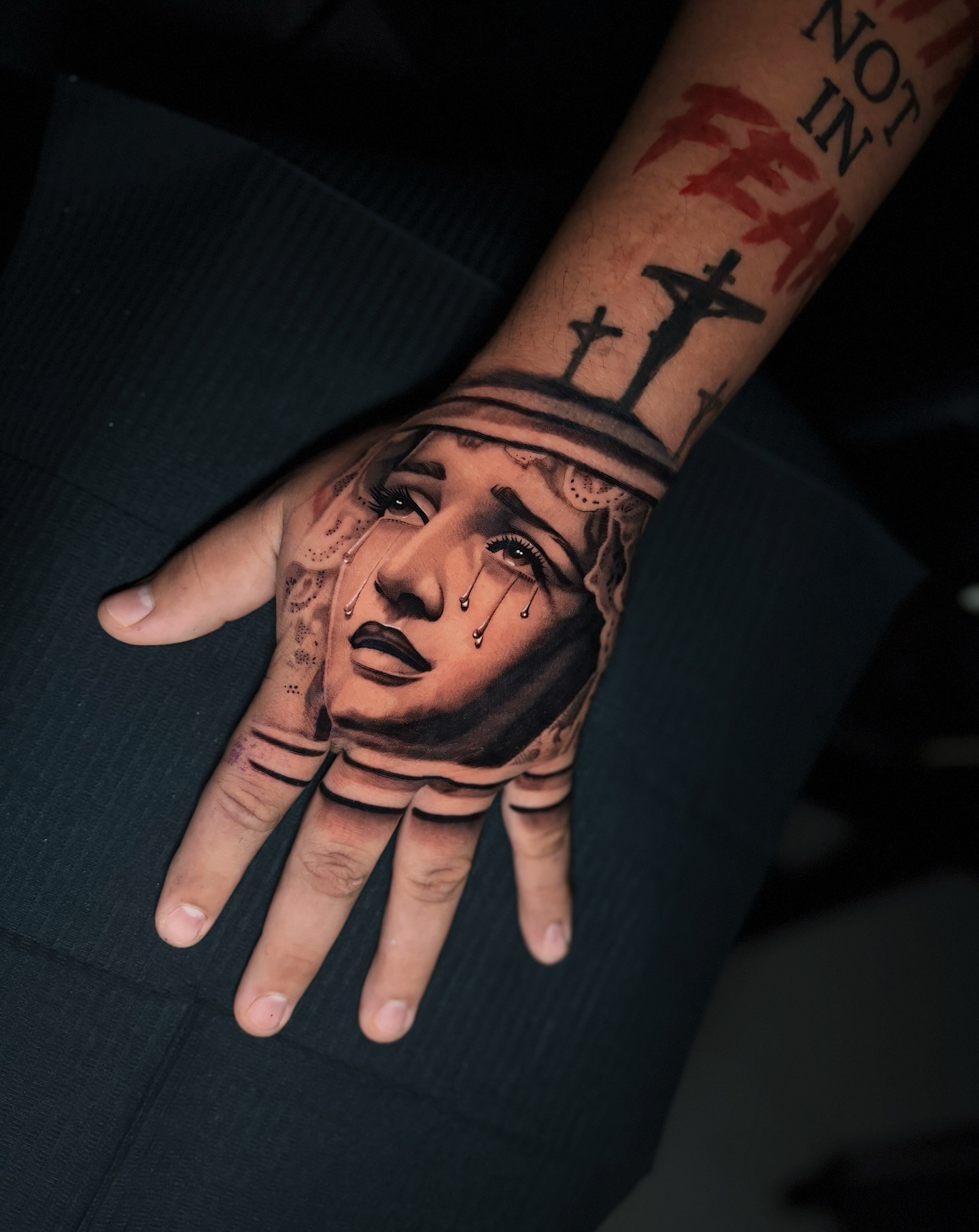 Crying Virgin Mary Hand Tattoo Tattoo Design