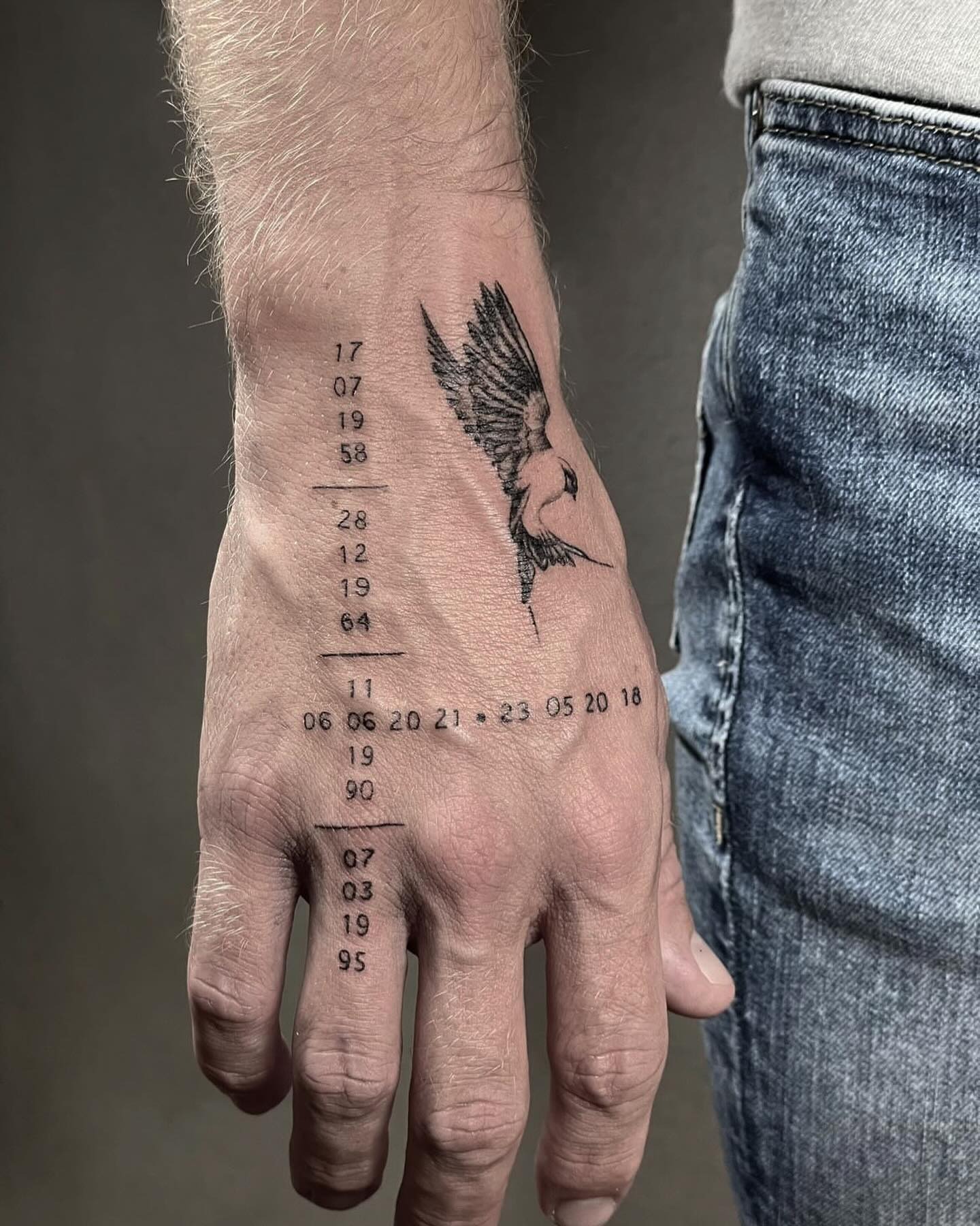 Flying Bird And Birth Date Hand Tattoo Tattoo Design