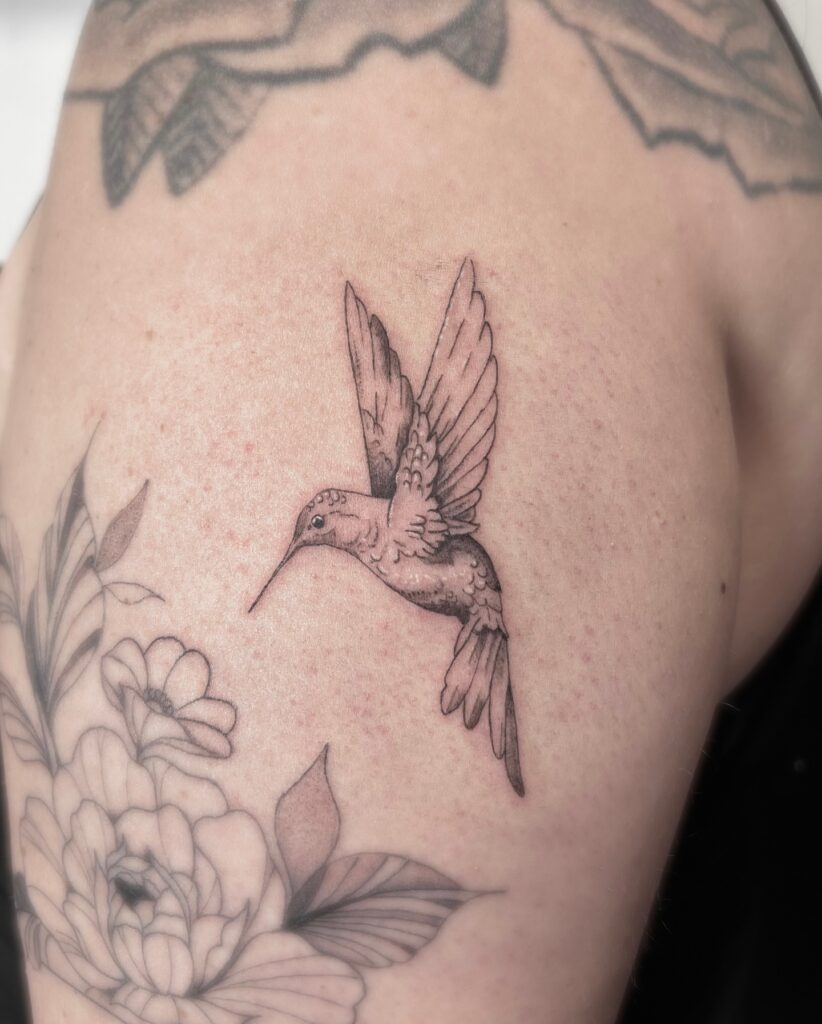 Black and Grey Hummingbird with Plumeria Flowers Tattoo Design
