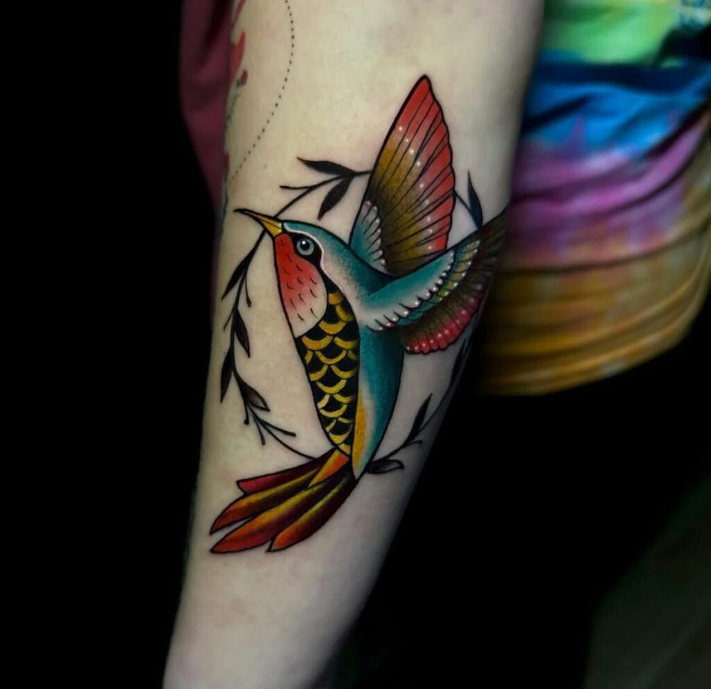 Bold Traditional Hummingbird Tattoo with Milestone Marker Tattoo Design