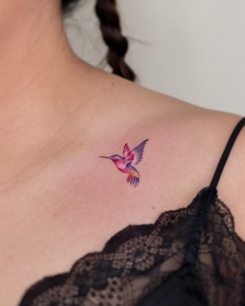 Colorful Hummingbird and Lavender Collarbone Tattoo Tattoo Design