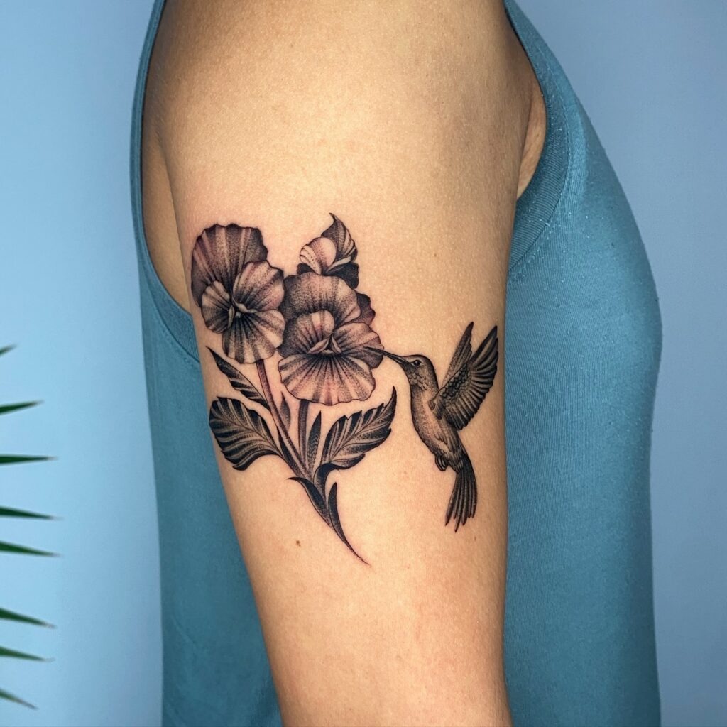 Floral Crescent Moon and Hummingbird Tattoo Tattoo Design