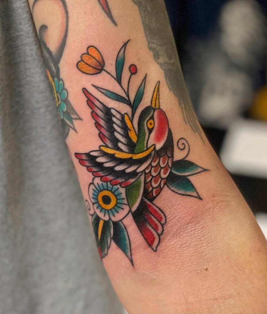 Kawaii Hummingbird with Rainbow and Crystal Charm Tattoo Design