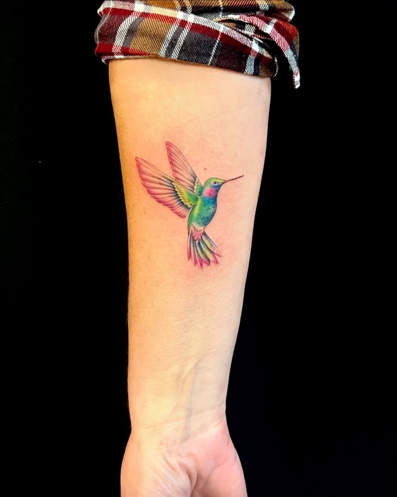 Matching Vibrant Hummingbird and Flower Tattoos Tattoo Design