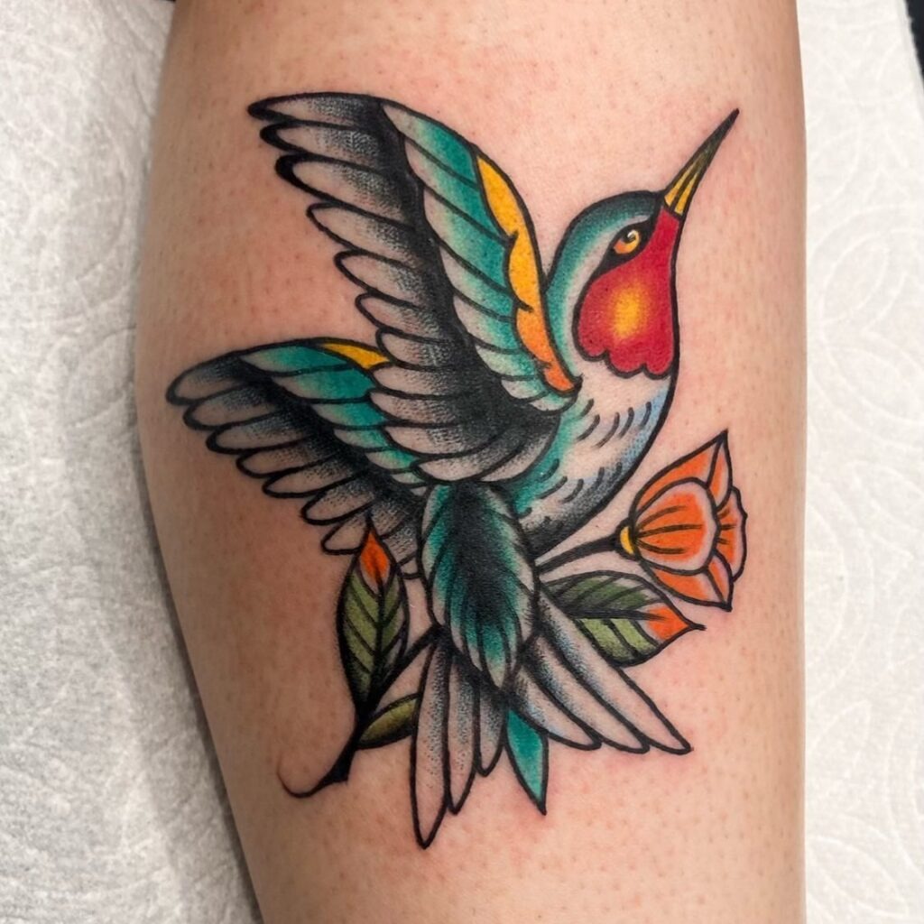 Neo-Traditional Hummingbird with Ornamental Detail Tattoo Design