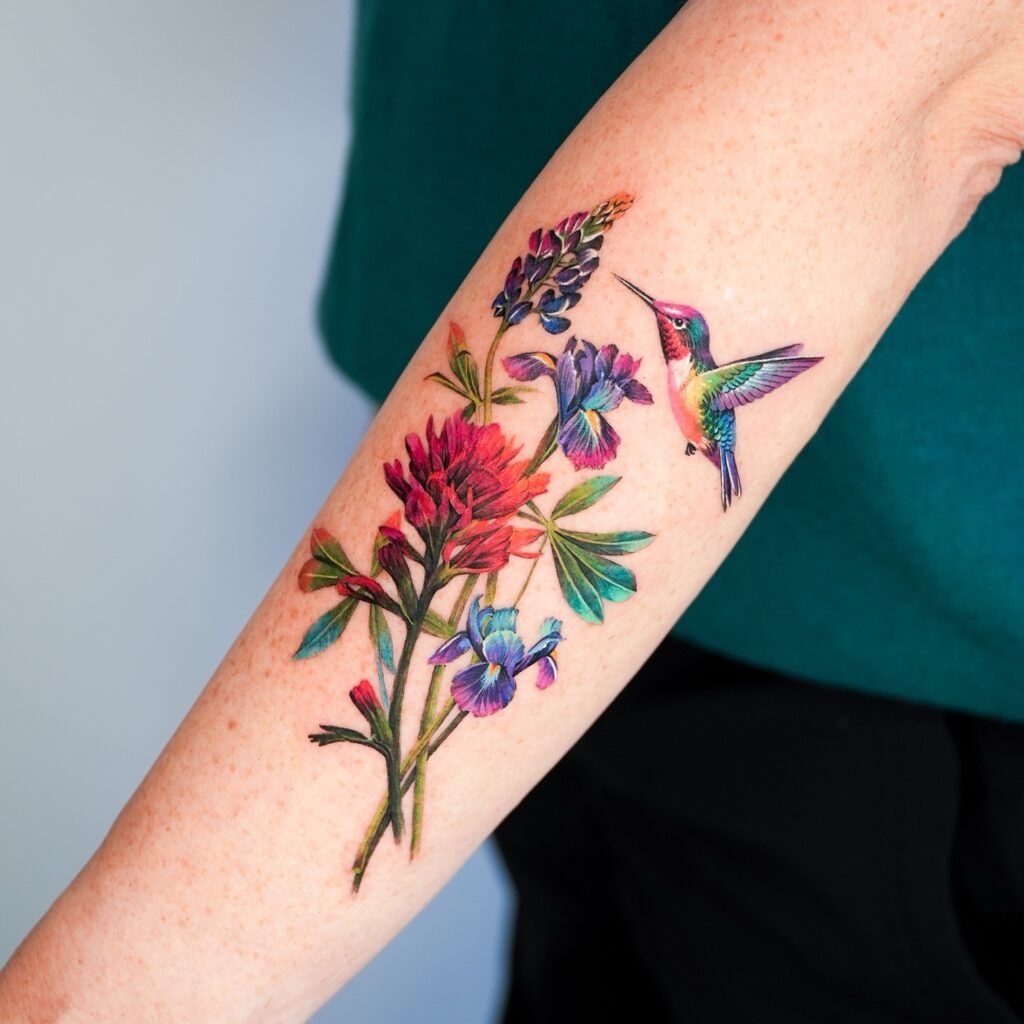 Purple Hummingbird with Blossoms Tattoo Tattoo Design