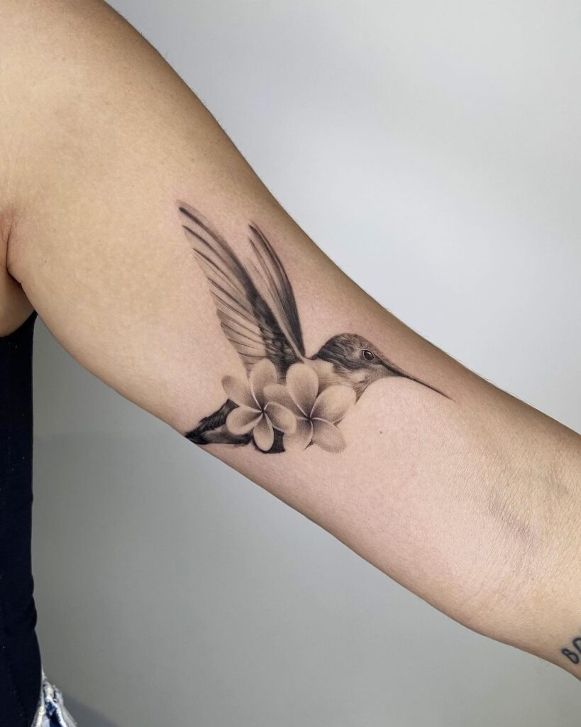 Realistic Hummingbird and Purple Cosmos Shoulder Tattoo Tattoo Design