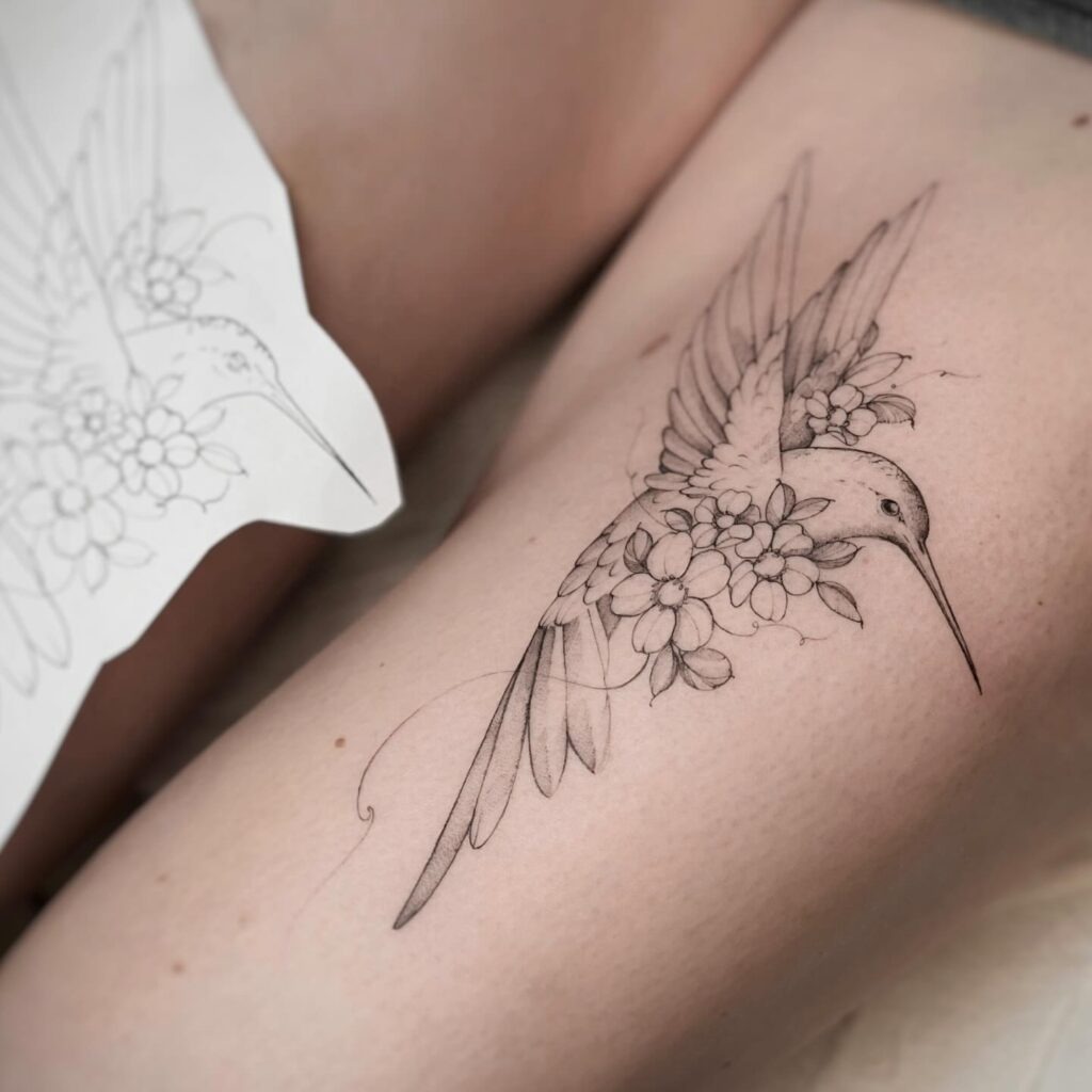Watercolor Hummingbird and Floral Wreath Tattoo Tattoo Design