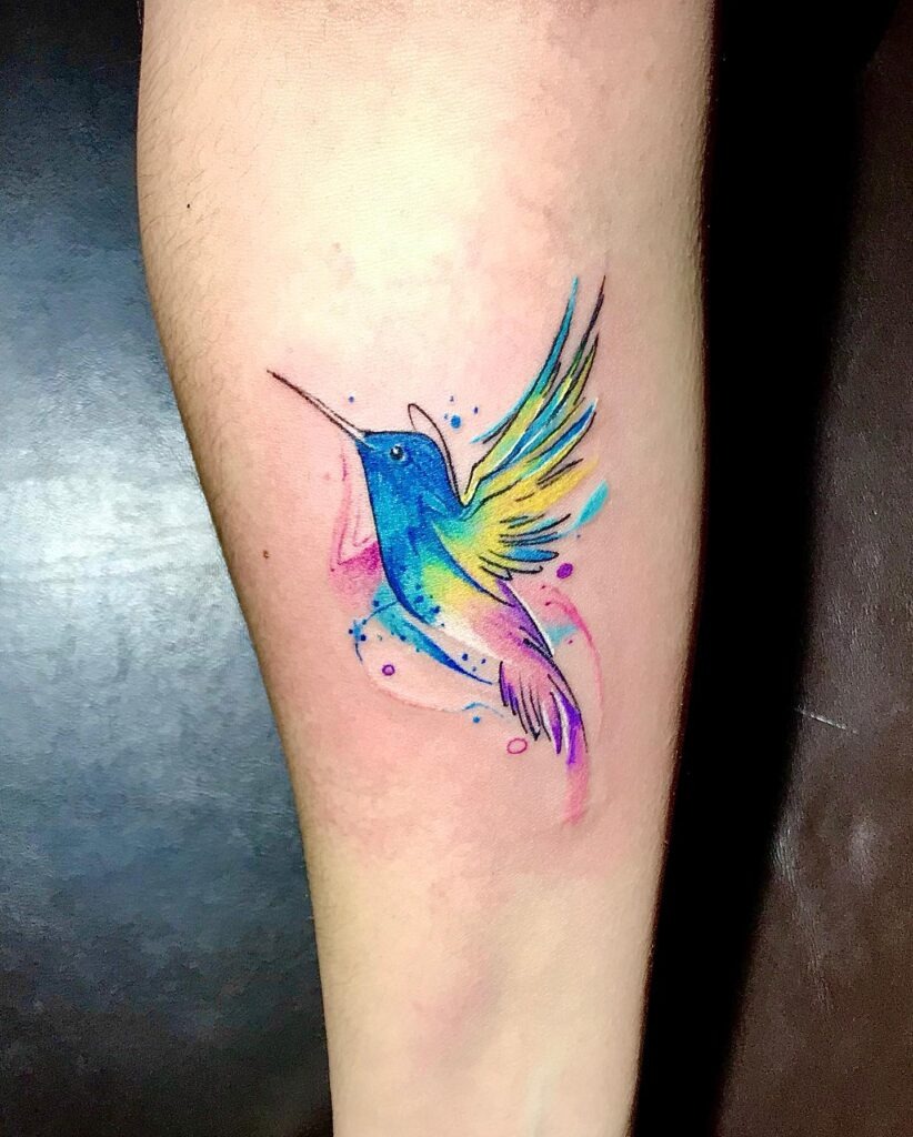 Watercolor Hummingbird with Love Script Tattoo Design
