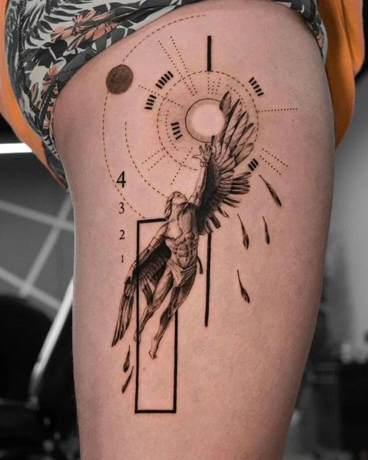 Full-Back Feminine Icarus with Colorful Wings Tattoo Design