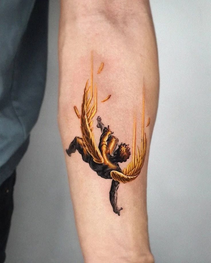Golden Fall of Icarus on the Inner Forearm Tattoo Design