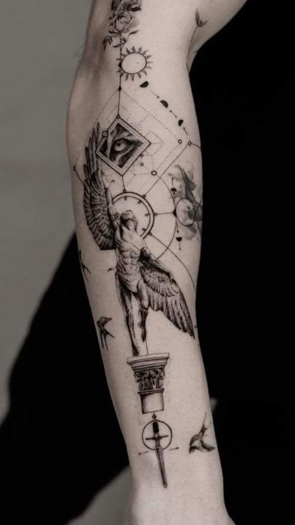Icarus in Ascent with Geometric Cosmos Tattoo Design