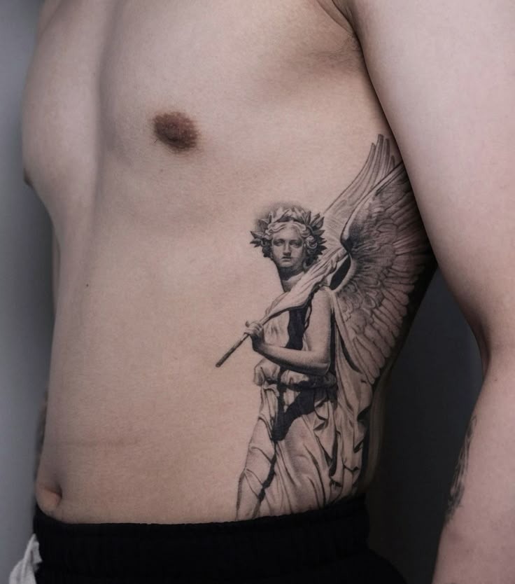Neoclassical Angelic Icarus on the Ribcage Tattoo Design