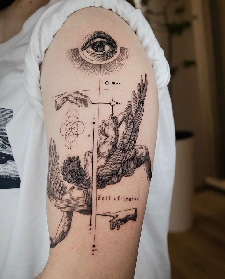 Surrealist Fall of Icarus with Geometric Elements Tattoo Design
