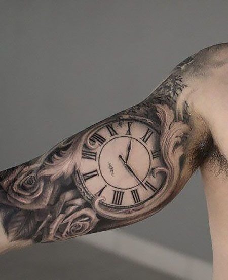 Black and Grey Clock Inner Bicep Tattoo Tattoo Design