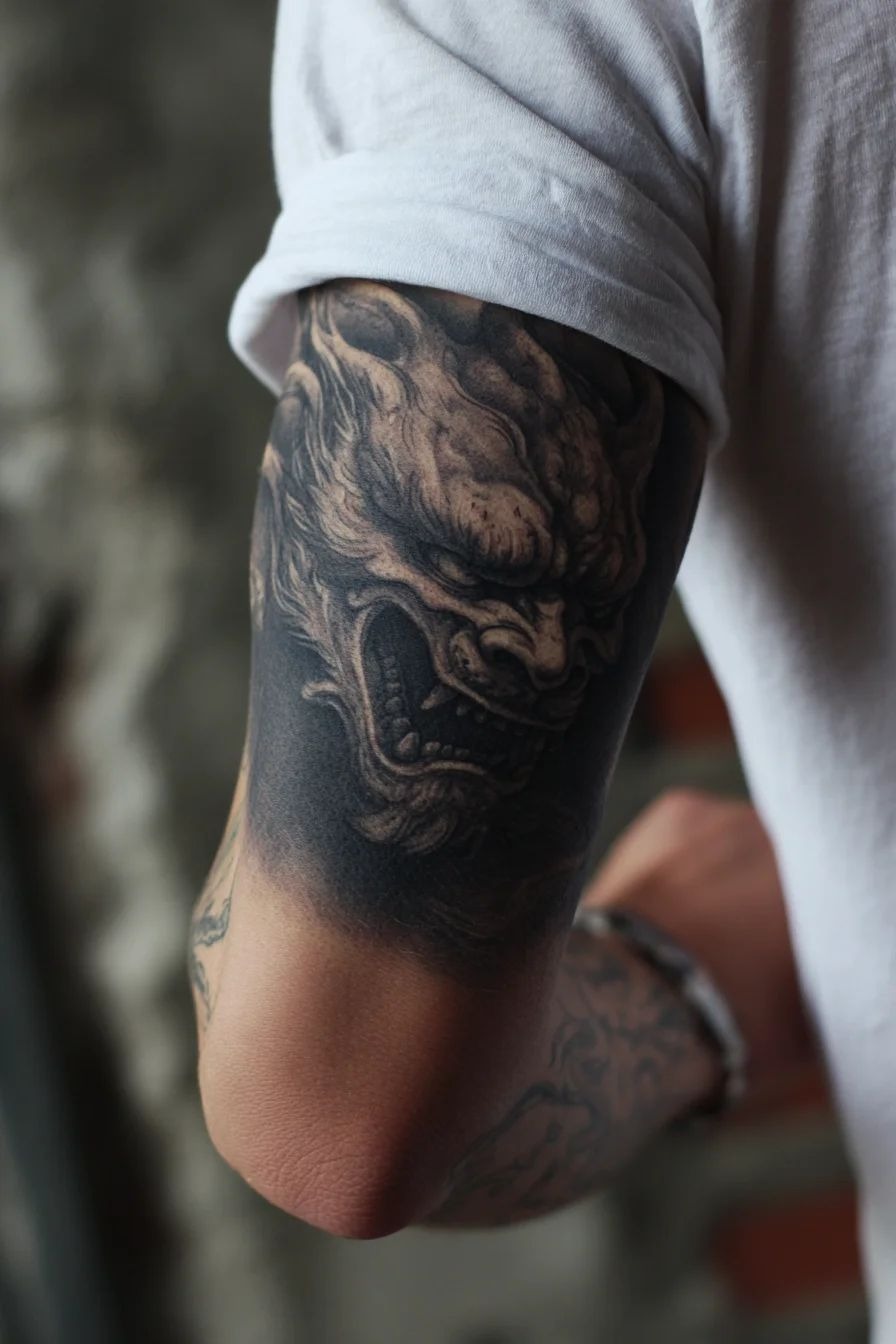 Dark Demon Mask Inner Bicep Tattoo Tattoo Design