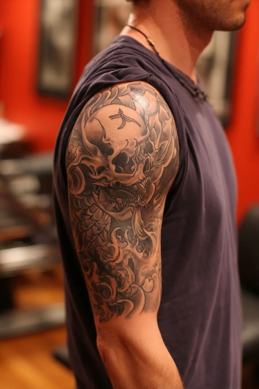 Dark Japanese Dragon Sleeve Tattoo Tattoo Design