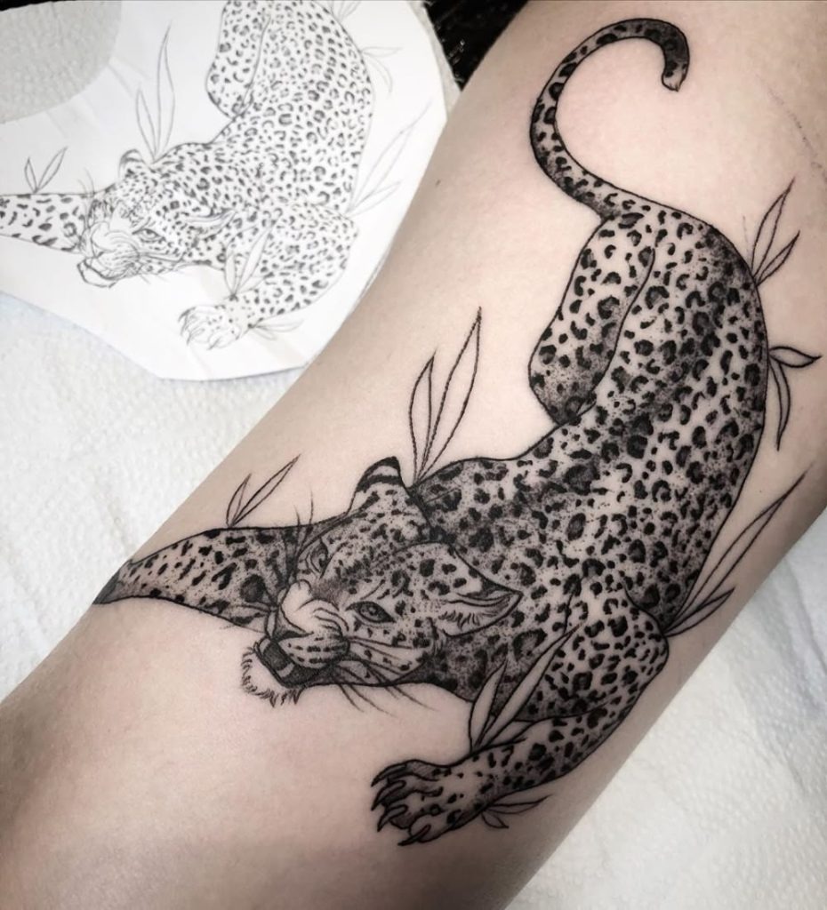 Classic American Traditional Jaguar With Florals Tattoo Design