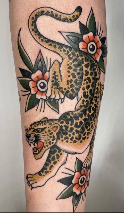 Neon-Orange Jaguar With Monochrome Blooms Tattoo Design