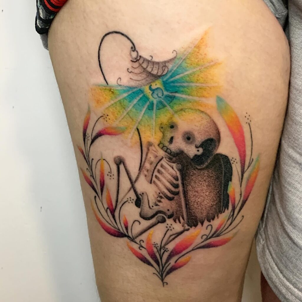 Colorful Skeleton with Flower Light Tattoo Tattoo Design