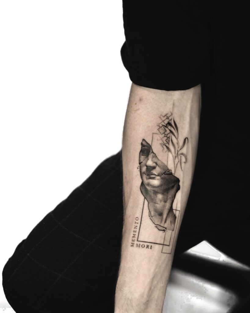 Cracked Statue with Blooming Flowers Memento Mori Tattoo Tattoo Design