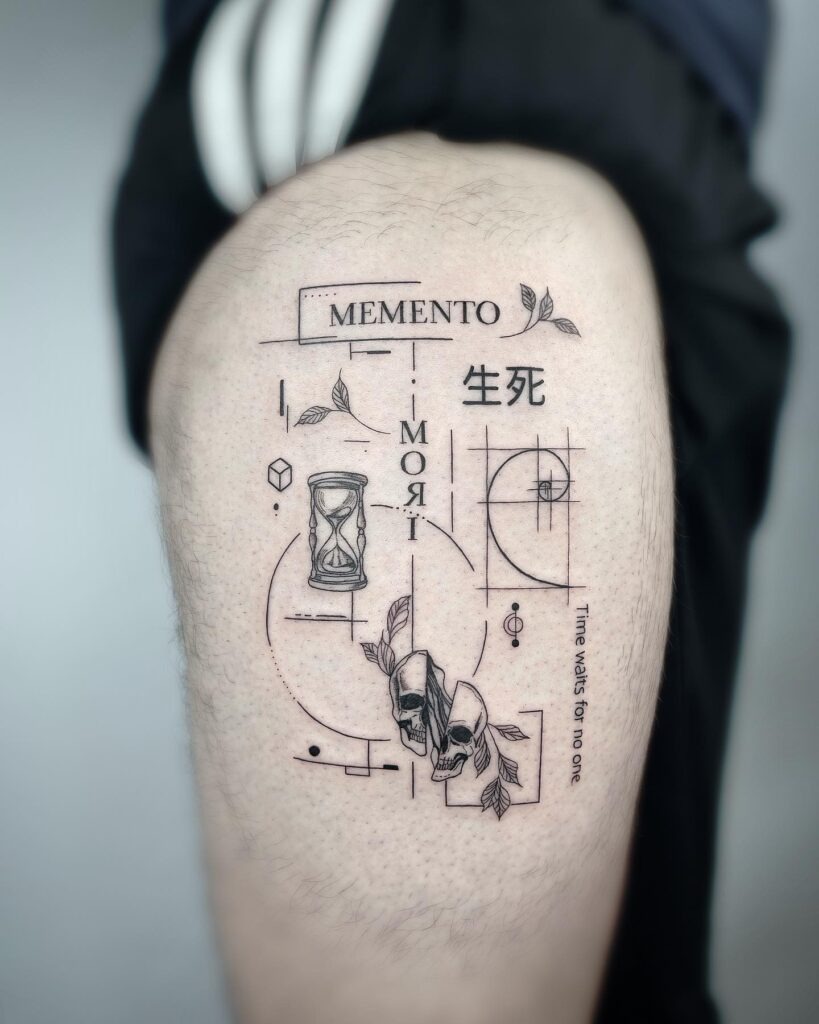 Geometric Memento Mori with Hourglass and Skulls Tattoo Tattoo Design