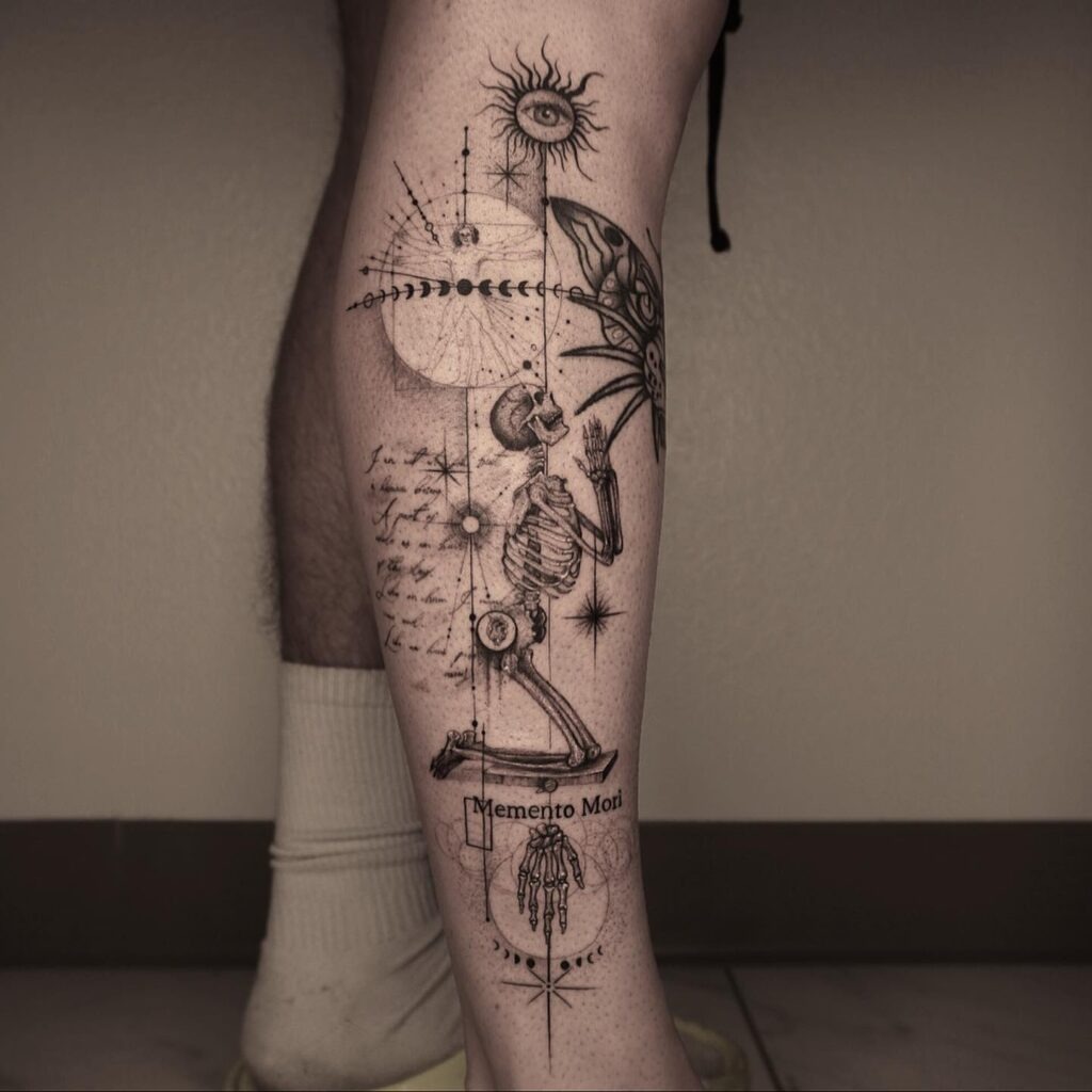 Kneeling Skeleton with Celestial Symbols Tattoo Tattoo Design