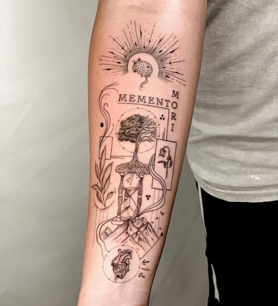 Memento Mori Hourglass Tree and Brain Tattoo Tattoo Design