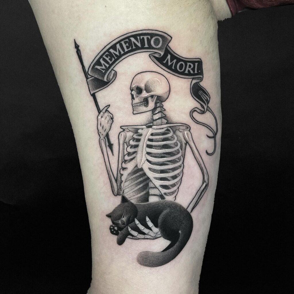 Memento Mori Skeleton with Sleeping Cat Tattoo Tattoo Design