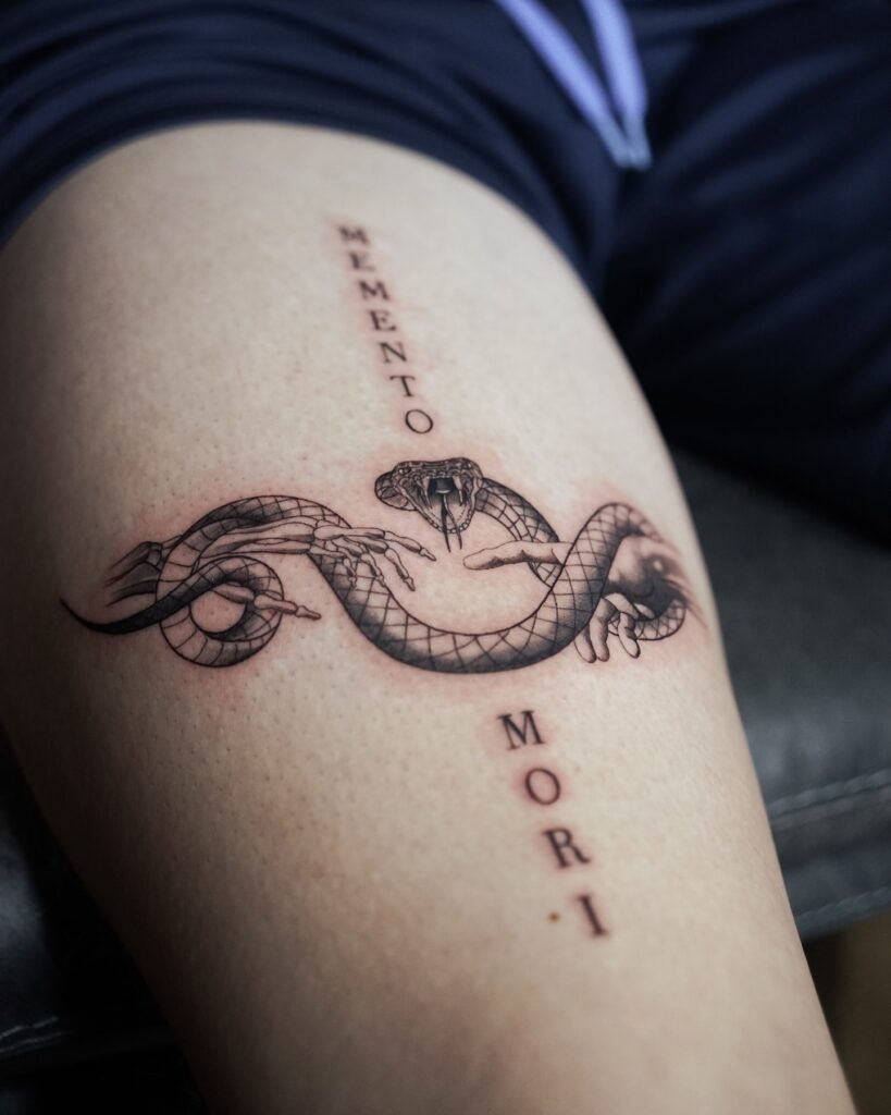 Memento Mori Snake with Skeletal and Human Hands Tattoo Tattoo Design