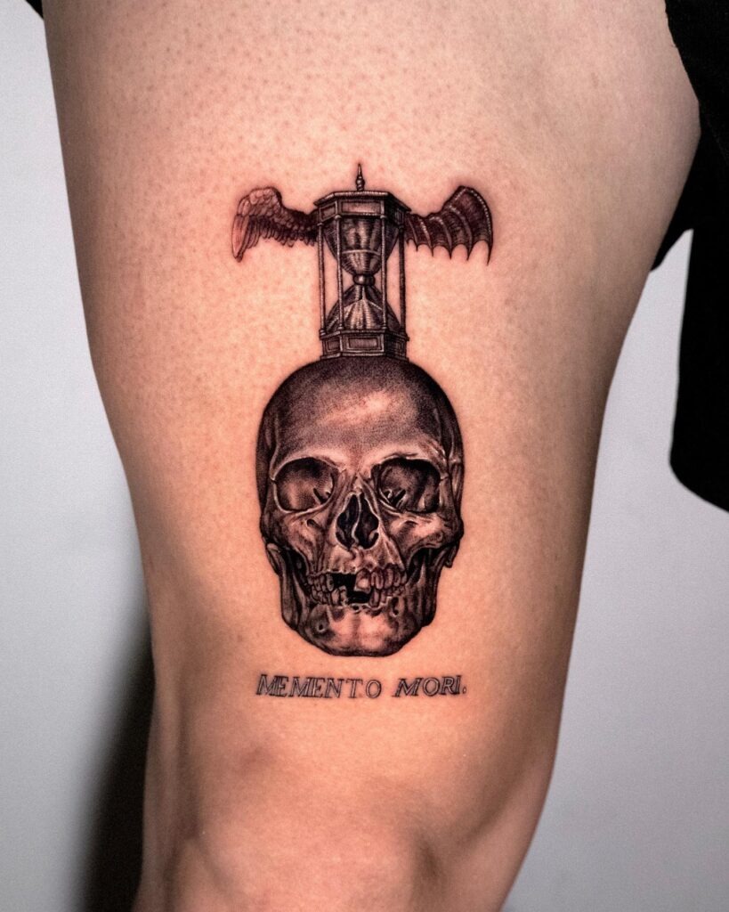 Winged Hourglass and Skull Memento Mori Tattoo Tattoo Design