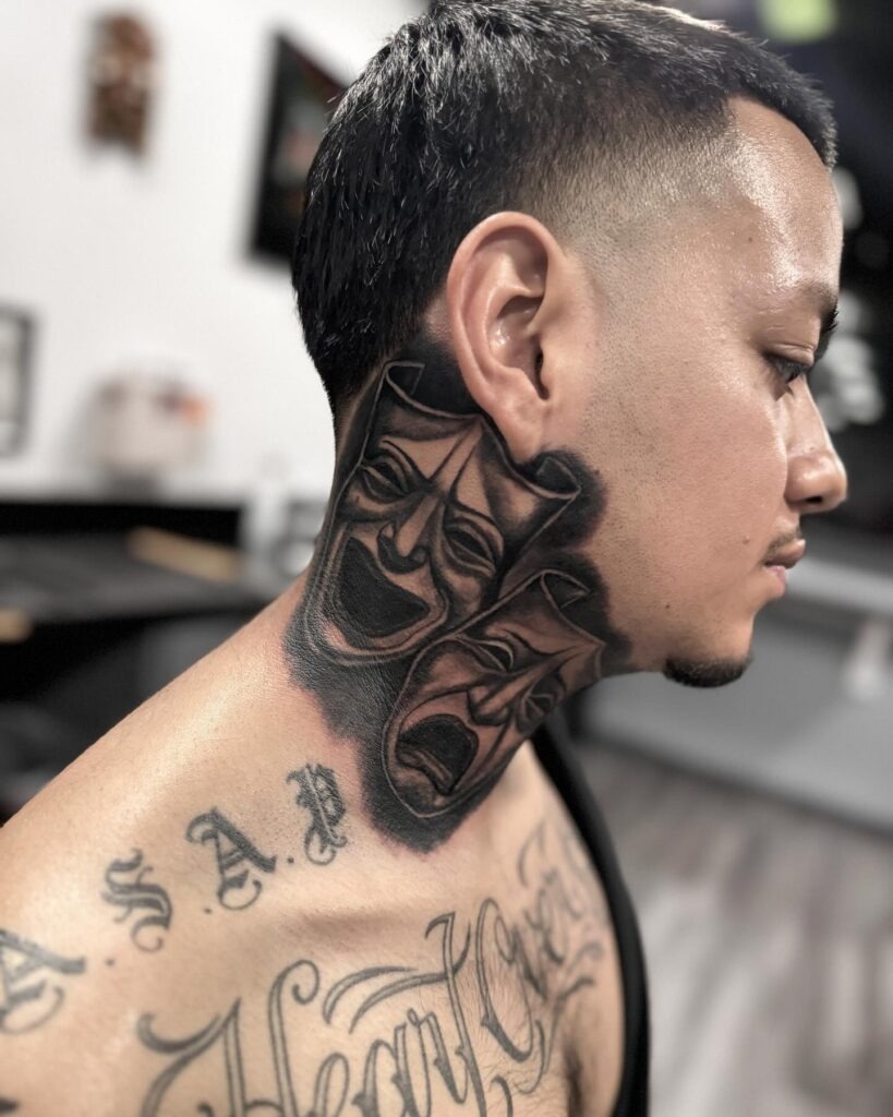 Bold Black and Grey Lotus Neck Tattoo Tattoo Design