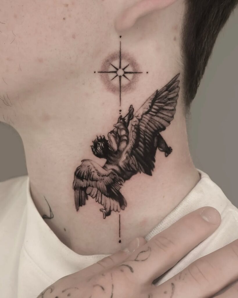 Sword, Wing, and Crescent Neck Tattoo Tattoo Design