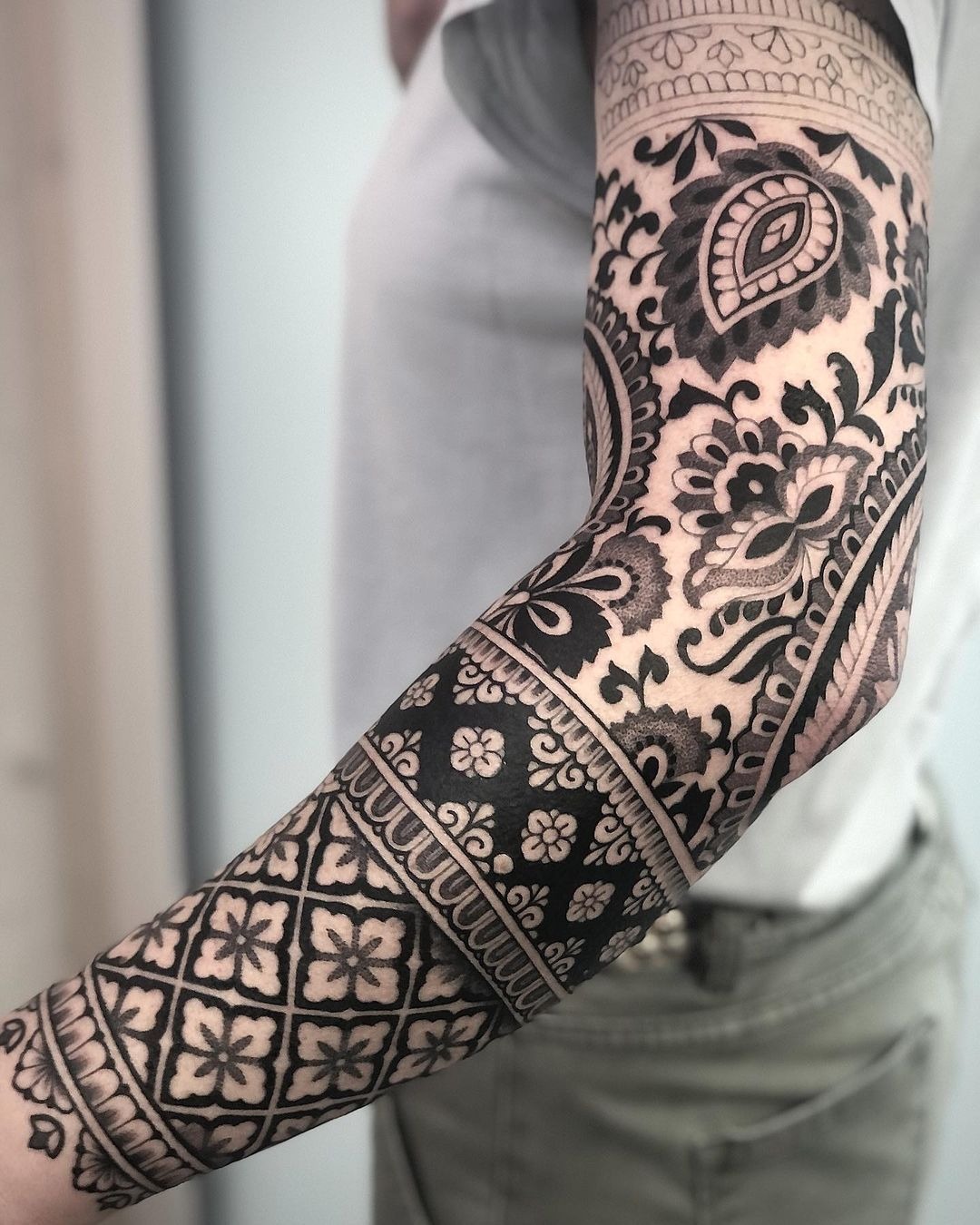 Dotwork Petal Shoulder to Sleeve Tattoo Design