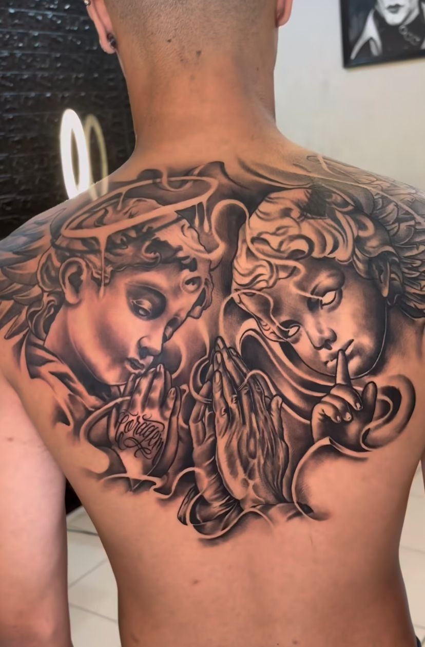 Angel and Demon Duality Back Piece Tattoo Design