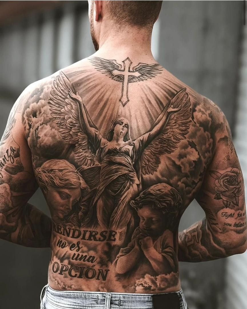 Angel, Cross and Family Tribute Scene Tattoo Design