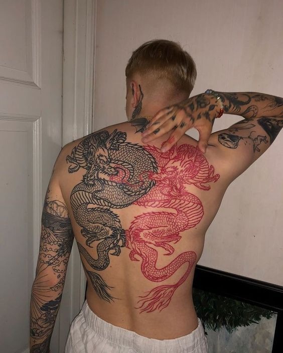 Dual Japanese Dragon Contrast Tattoo Design