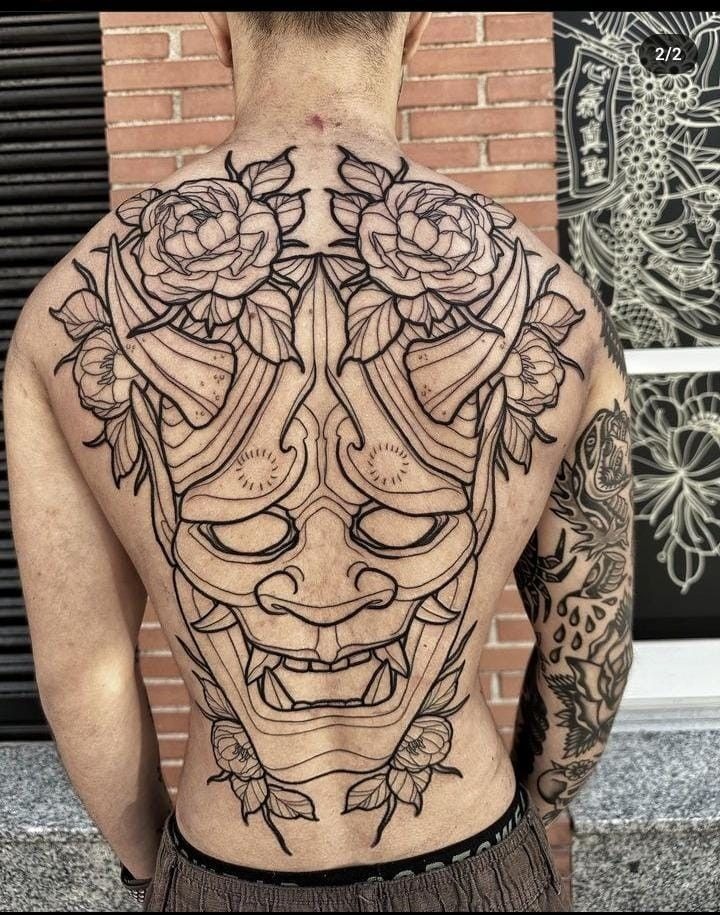 Floral Mask Linework Full Back Tattoo Design
