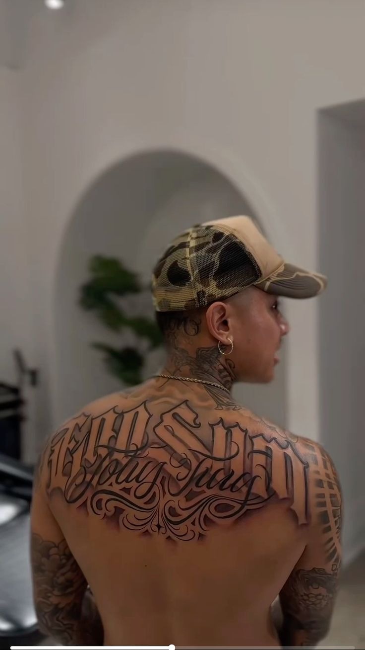 Gothic Script Upper Back Statement Tattoo Design