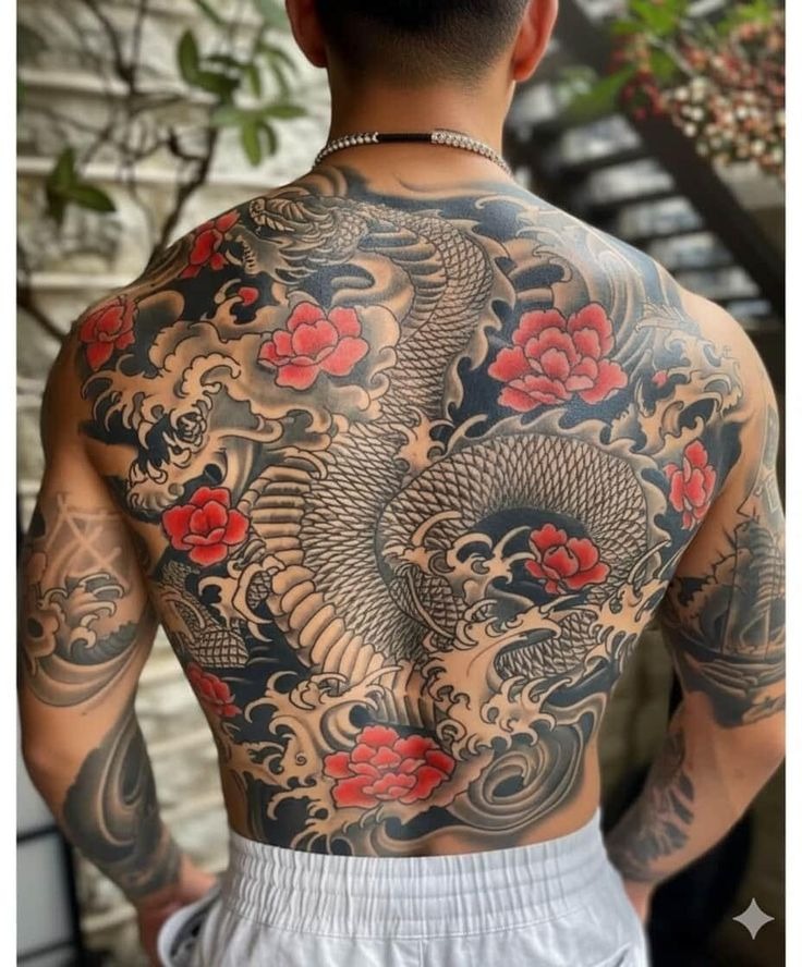 Japanese Dragon with Red Floral Accents Tattoo Design