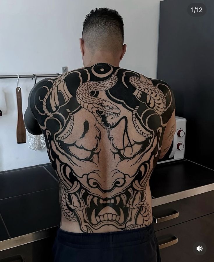 Japanese Snake and Mask Full Back Tattoo Design