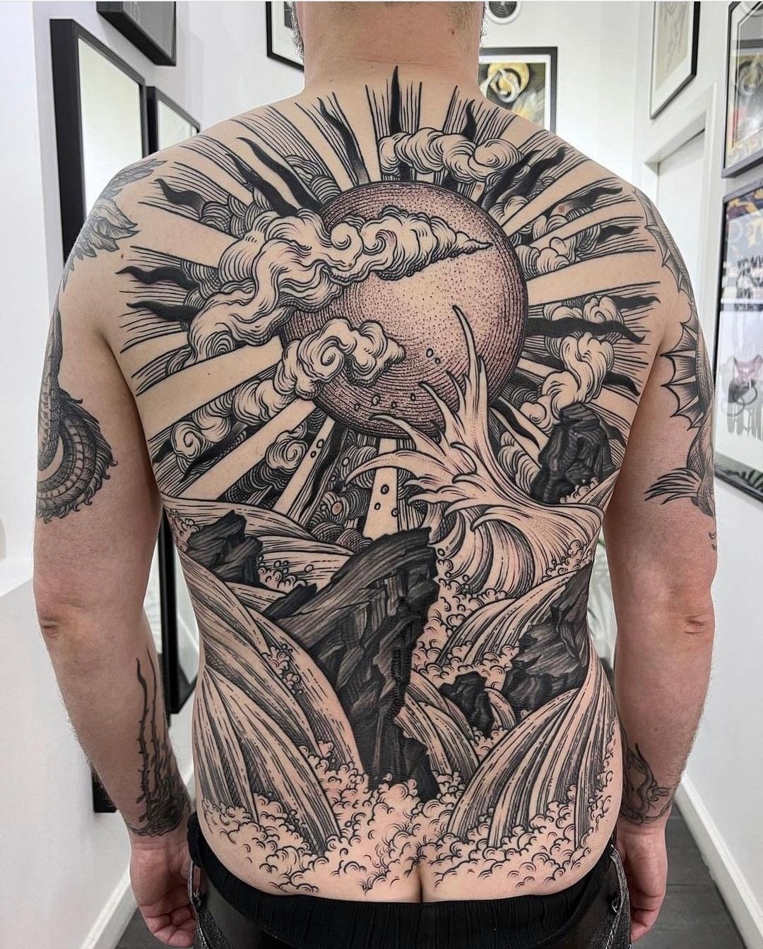 Japanese Sun and Wave Full Back Scene Tattoo Design