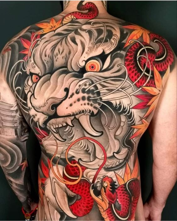 Japanese Tiger and Snake Color Explosion Tattoo Design