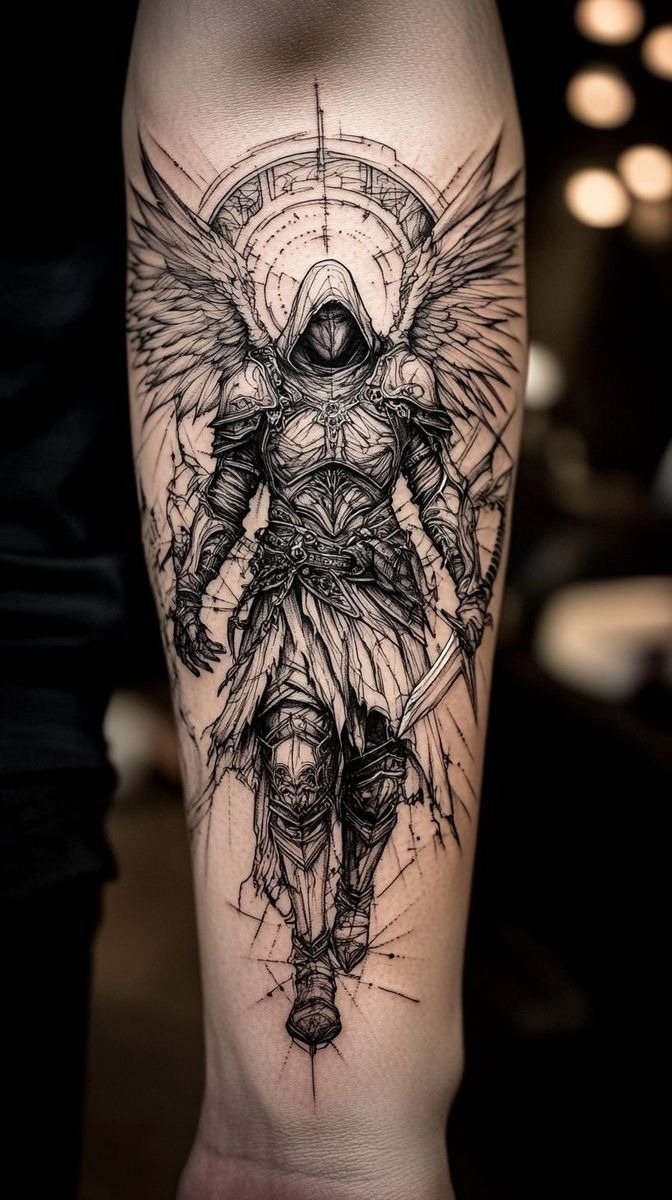 Archangel Warrior Thigh Tattoo, a tattoo design rendered in fine-line for the arm.