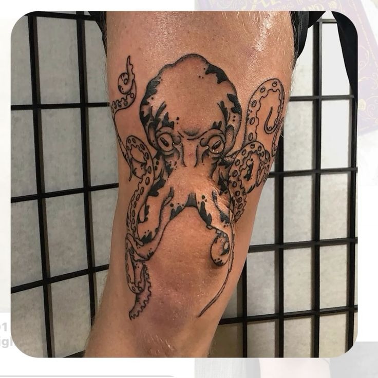 Blackwork Octopus Over Knee, a tattoo design rendered in bold traditional for the arm.
