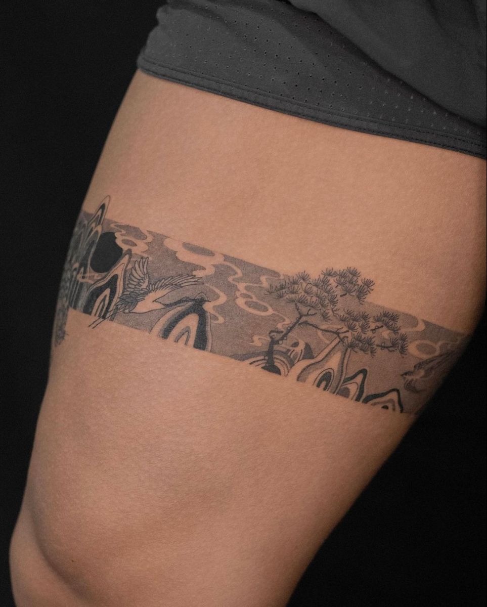 Landscape Band of Japan, a tattoo design rendered in clean detailed linework for the thigh.
